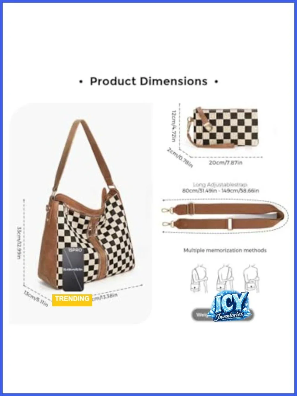 PU Leather Checkered Hobo Handbag with Adjustable Strap Crossbody Tote Women